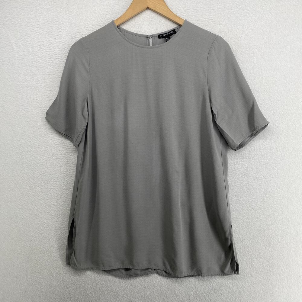 EILEEN FISHER Top 2XS 100% Silk Georgette Crepe Round Neck Short Sleeve Gray